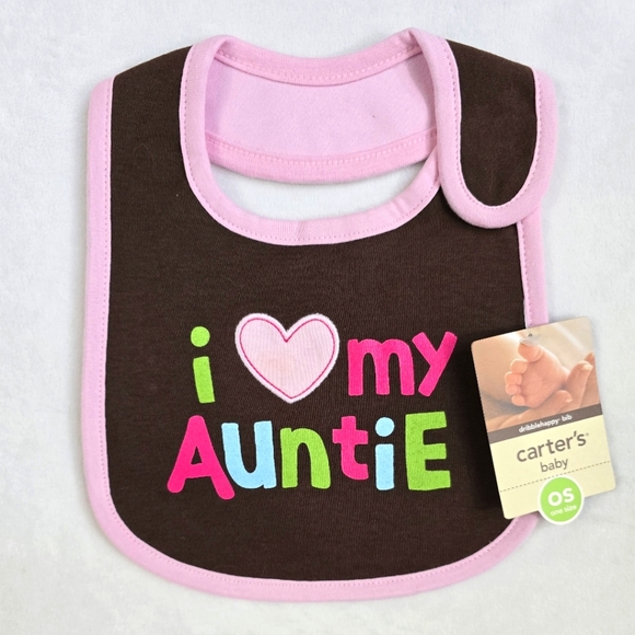 Carter’s Other - NWT  NEWBORN + Up Baby Girls BIB - I LOVE ❤️ MY AUNT  Pink Brown Green Aqua (Q3)